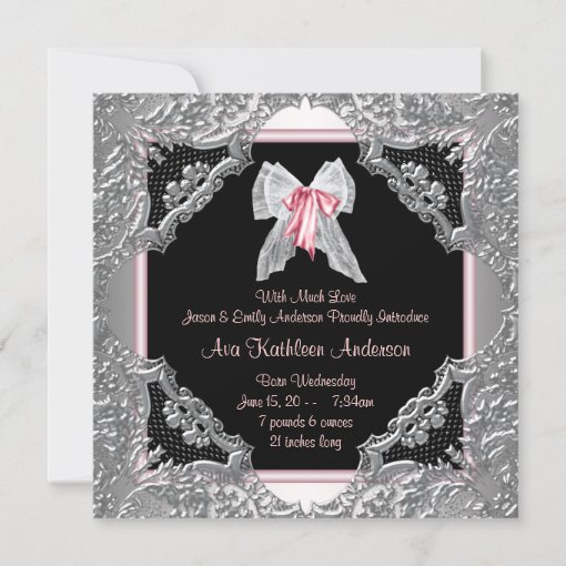 Pink Black Baby Girl Photo Birth Announcement | Zazzle