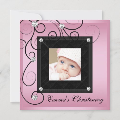 Pink Black Baby Girl Photo Christening Invitations