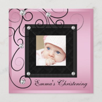 Pink Black Baby Girl Photo Christening Invitations by BabyCentral at Zazzle