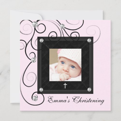 Pink Black Baby Girl Photo Christening Invitations
