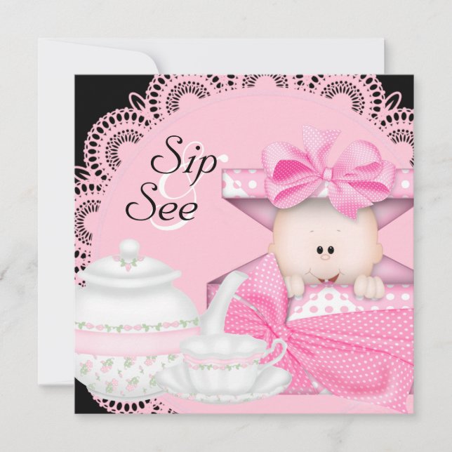 Pink Black Baby Girl Sip & See Invitations (Front)