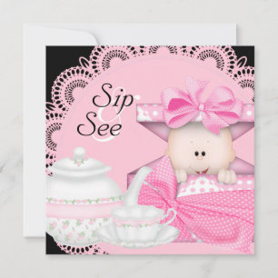 Pink Black Baby Girl Sip & See Invitations
