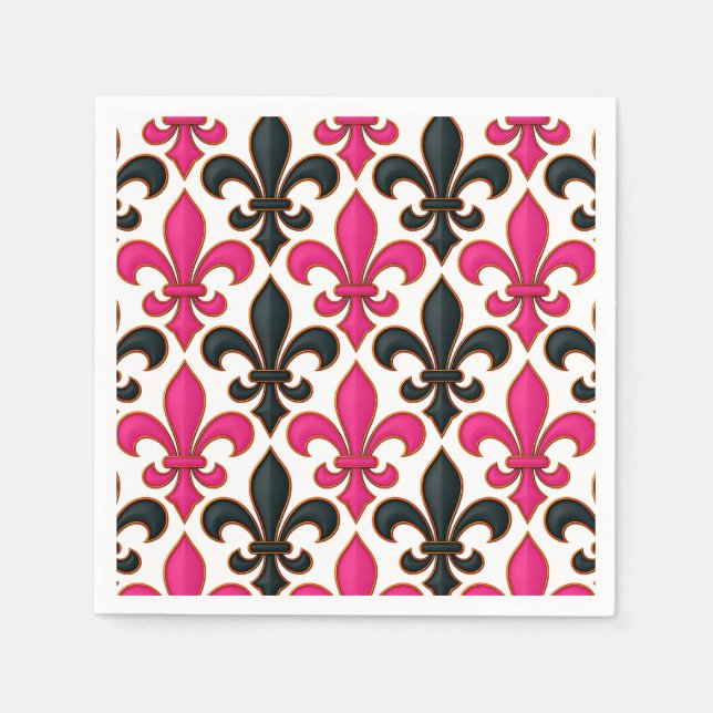 Pink Black Baroque Fleur-de-lis Pattern Design  Napkins (Front)
