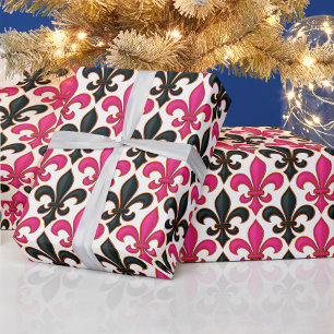 Pink Black Baroque Fleur-de-lis Pattern Design Wrapping Paper