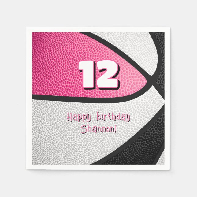 pink black basketball girls birthday sports party napkins (Front)