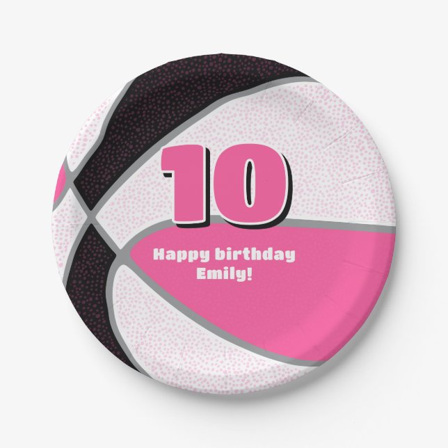 pink black basketball girls sports party paper plates (Front)