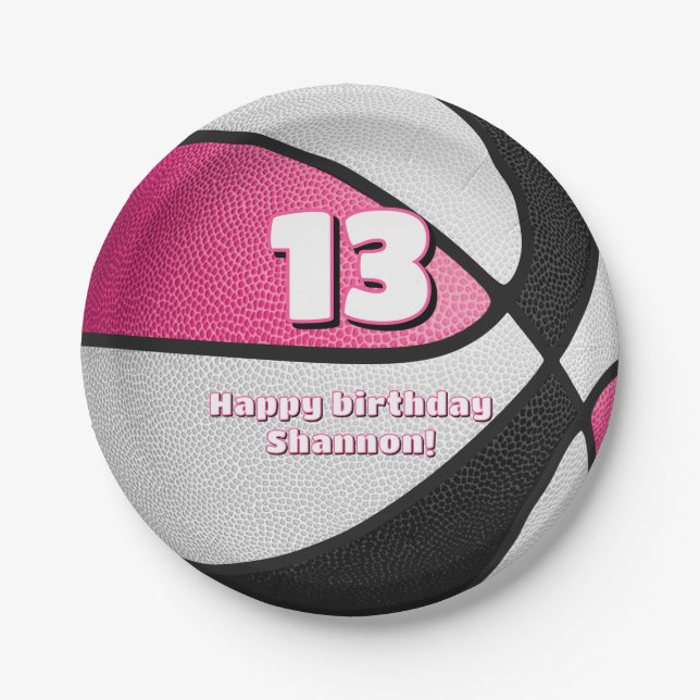 pink black basketball girls sports party paper plates (Front)