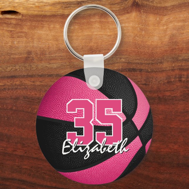 pink black basketball sports team jersey number keychain (Front)