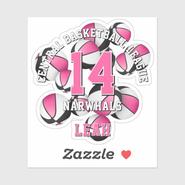 pink black basketballs cluster girls team name sticker (Sheet)