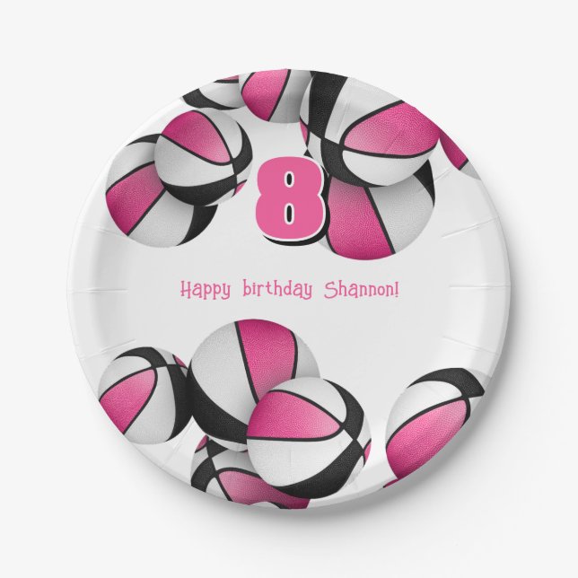 pink black basketballs girls birthday party paper plates (Front)