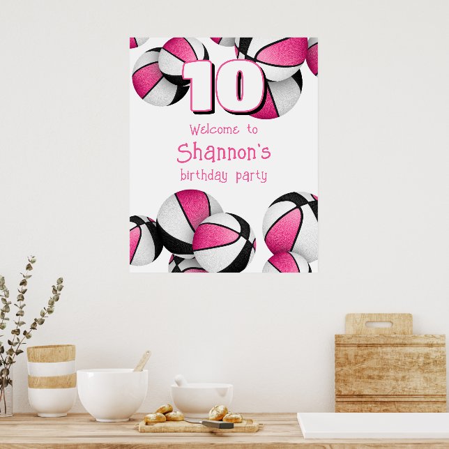 pink black basketballs girls birthday party poster (Kitchen)