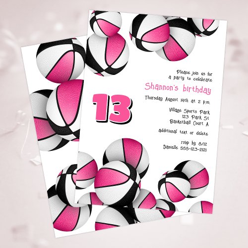 pink black basketballs girl’s birthday or team party announcement