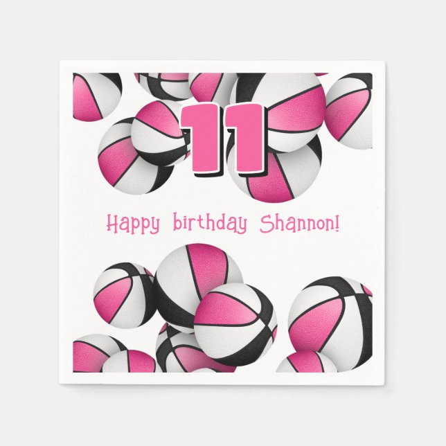 pink black basketballs kids birthday party napkins (Front)
