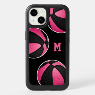 Pink black basketballs monogrammed OtterBox iPhone 14 case