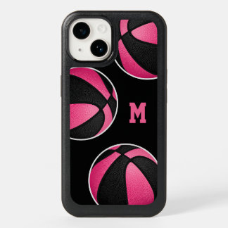 Pink black basketballs monogrammed OtterBox iPhone 14 case