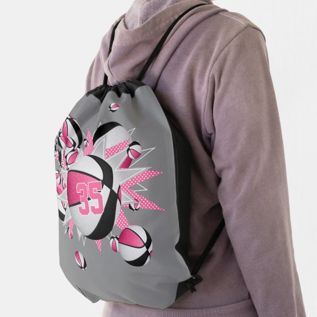 pink black basketballs stars girls jersey number drawstring bag (Insitu)