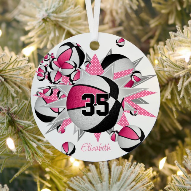pink black basketballs stars girls keepsake metal ornament (Insitu)