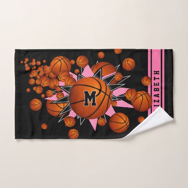 pink black basketballs stars girls monogrammed hand towel  (Hand Towel)
