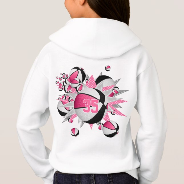 pink black basketballs stars girls sports hoodie (Back)