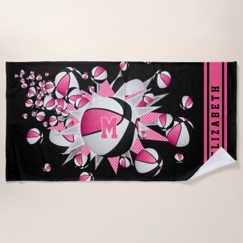 pink black basketballs stars her name monogrammed beach towel