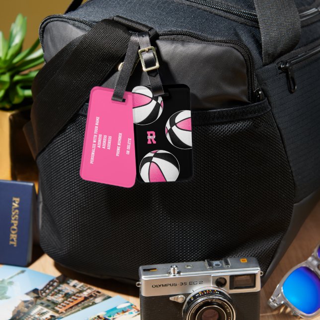 pink black basketballs young athlete monogram luggage tag (Front & Back)