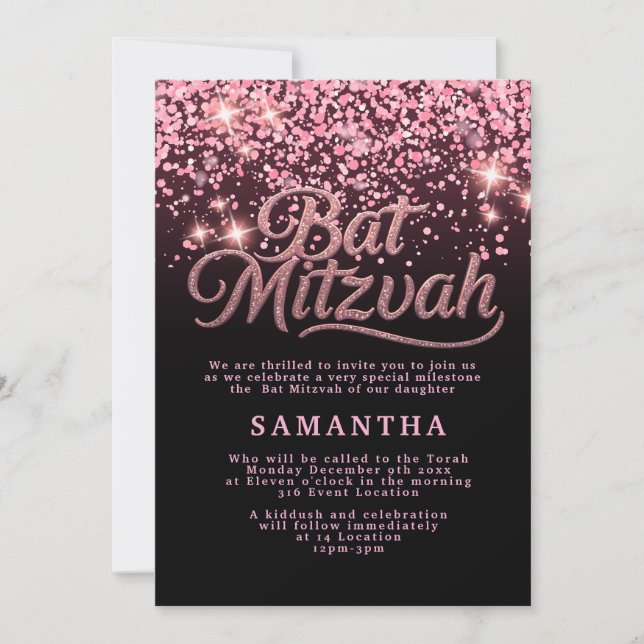 Pink & Black Bat Mitzvah Invitation (Front)