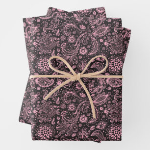 Pink black batik boho style floral paisley pattern wrapping paper sheets