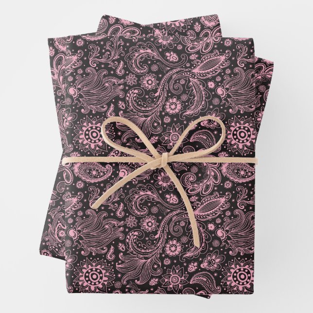 Pink black batik boho style floral paisley pattern wrapping paper sheets (In situ)