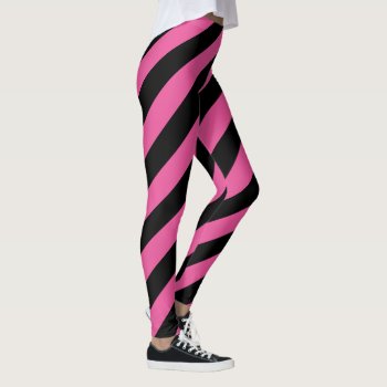 Pink Black Big Diagonal Stripe Pattern Leggings by oph3lia at Zazzle