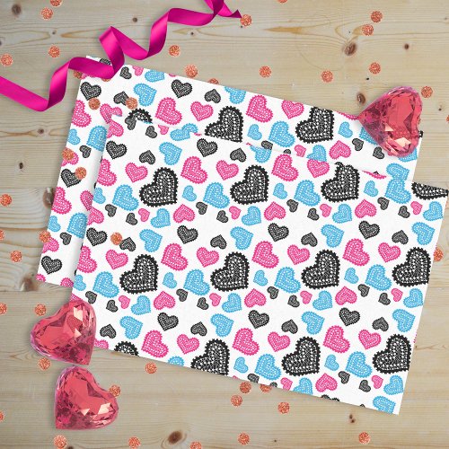 Pink Black Blue Lace Hearts On White Valentines Tissue Paper