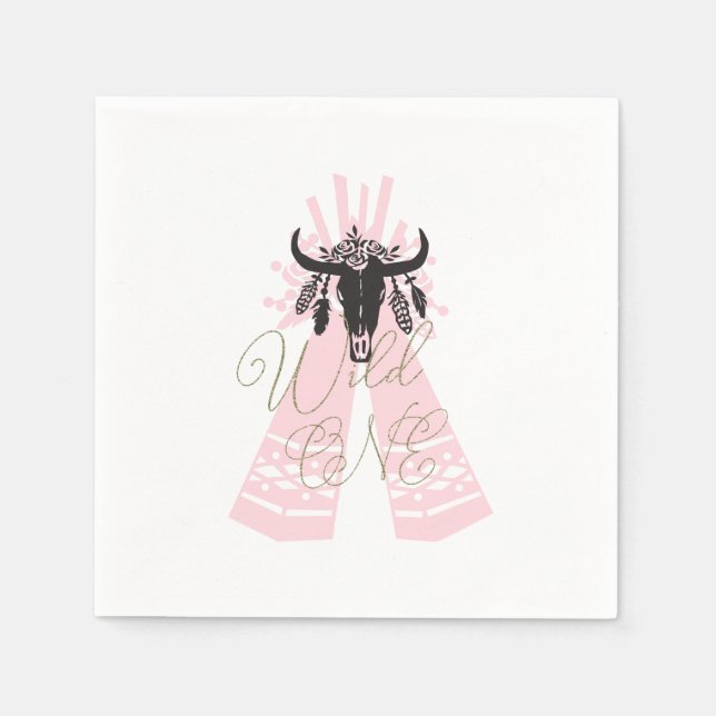 Pink & Black Boho Chic Wild ONE 1st Birthday Party Napkins (Front)