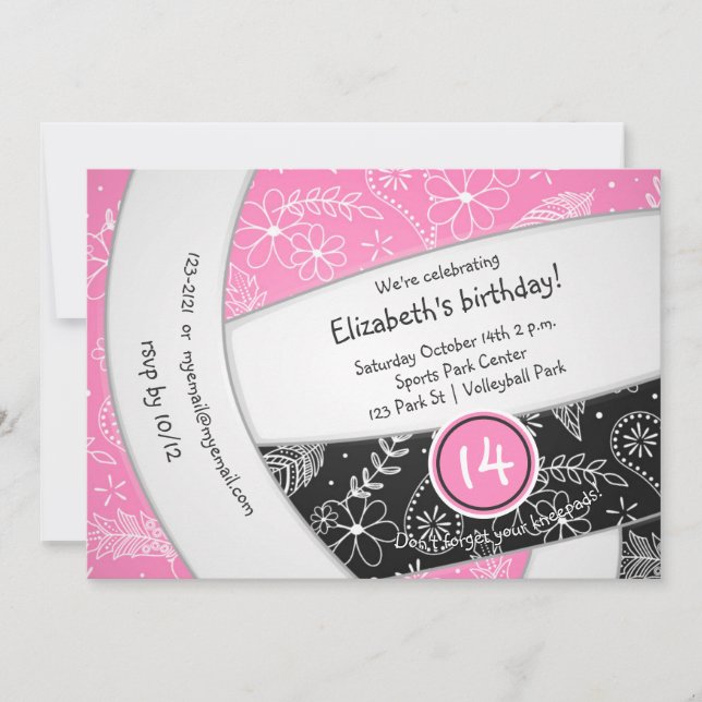 pink black boho feathers volleyball birthday invitation (Front)