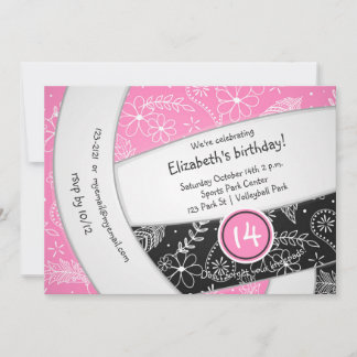 pink black boho feathers volleyball birthday invitation