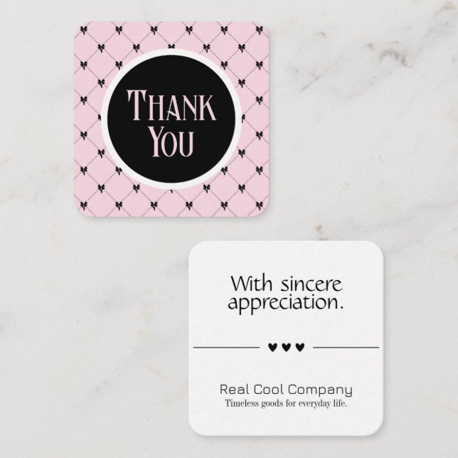 Pink & Black Bow Monogram Thank You Card (Front/Back)
