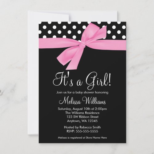 Pink Black Bow Polka Dot Baby Shower Invitations