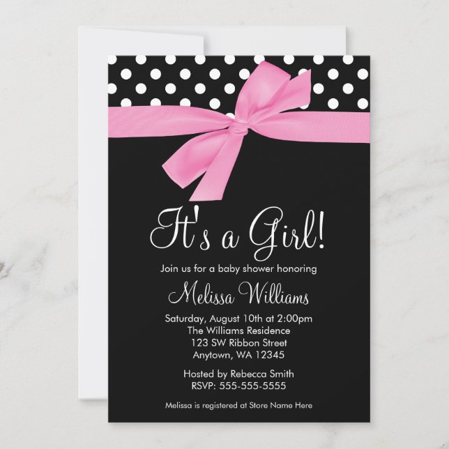 Pink Black Bow Polka Dot Baby Shower Invitations (Front)