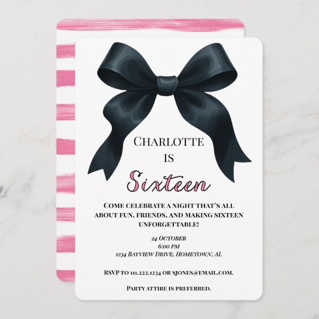 Pink Black Bow Sweet 16 Bday Invite - Downloadable (Front/Back)