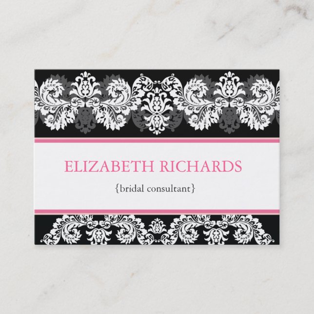 Pink & Black Brocade Chubby Business Card (Front)