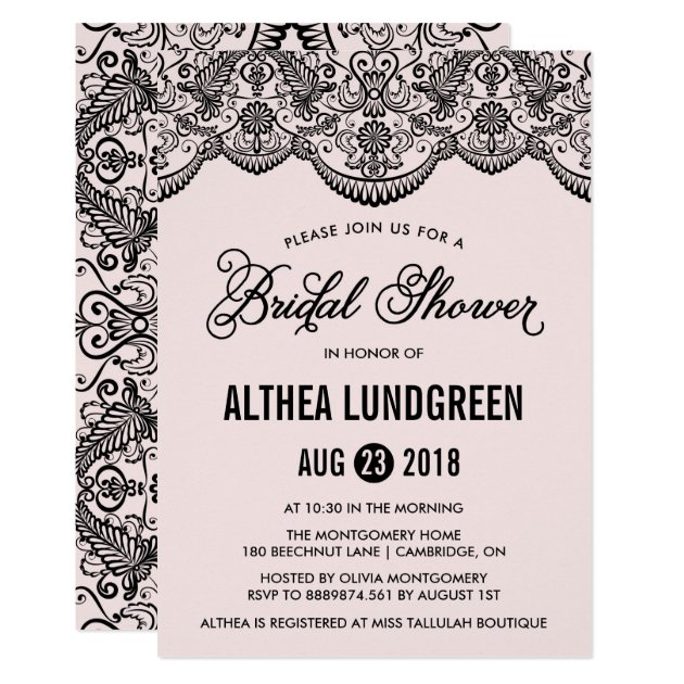 Pink & Black Brocade Lace Bridal Shower Invitation