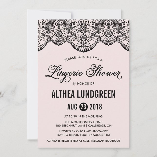 Pink & Black Brocade Lace Lingerie Shower Invite (Front)