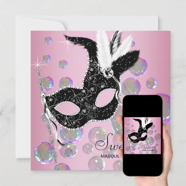 Pink Black Bubbles Sweet Sixteen Masquerade Party Invitation Zazzle