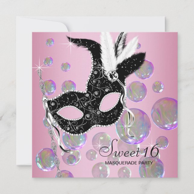 Pink Black Bubbles Sweet Sixteen Masquerade Party Invitation (Front)