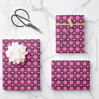 Pink Black Buffalo Heart Plaid Wrapping Paper Sheets