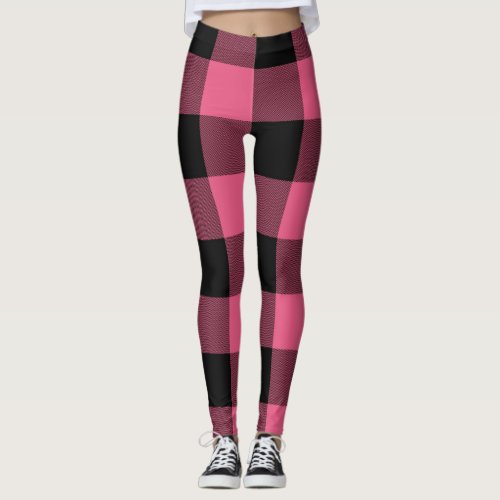 Pink  Black Buffalo Plaid Checkered Leggings