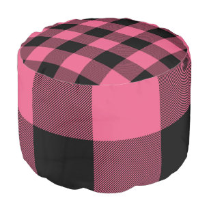 Pink & Black Buffalo Plaid Checkered Rustic Pouf