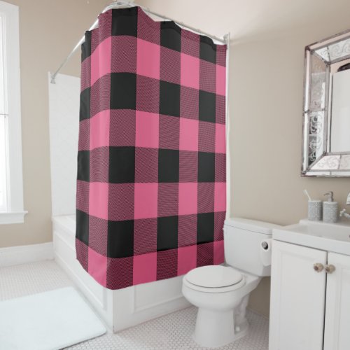 Pink  Black Buffalo Plaid Checkered Rustic Shower Curtain