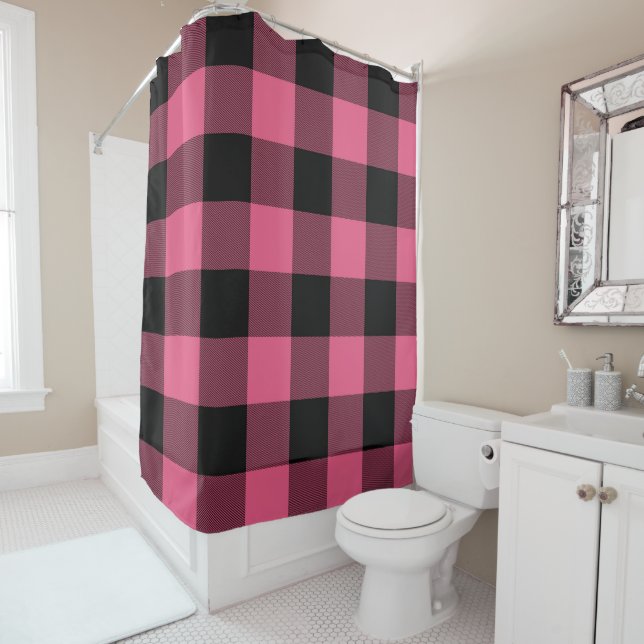 Pink & Black Buffalo Plaid Checkered Rustic Shower Curtain (In Situ)