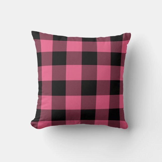 Pink & Black Buffalo Plaid Checkered Rustic Throw Pillow (Front)