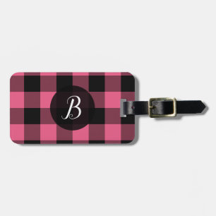 Pink & Black Buffalo Plaid Checkered Squares Luggage Tag