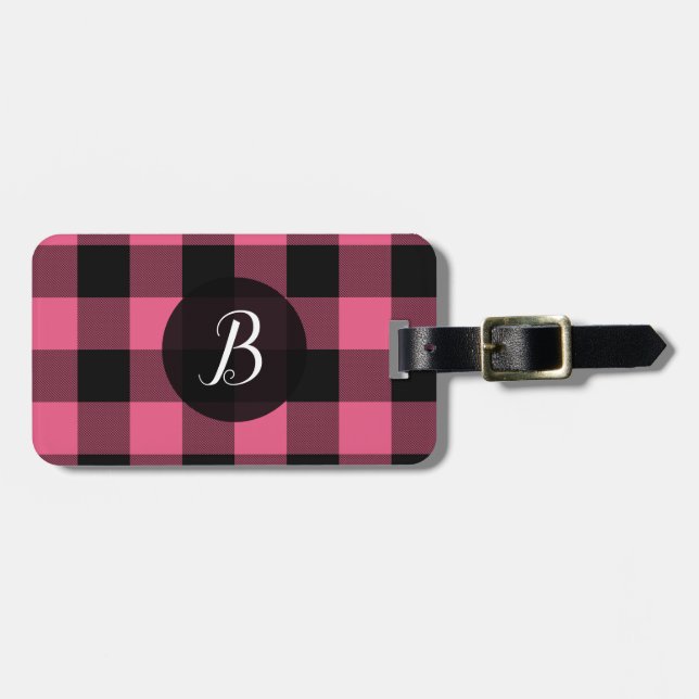 Pink & Black Buffalo Plaid Checkered Squares Luggage Tag (Front Horizontal)